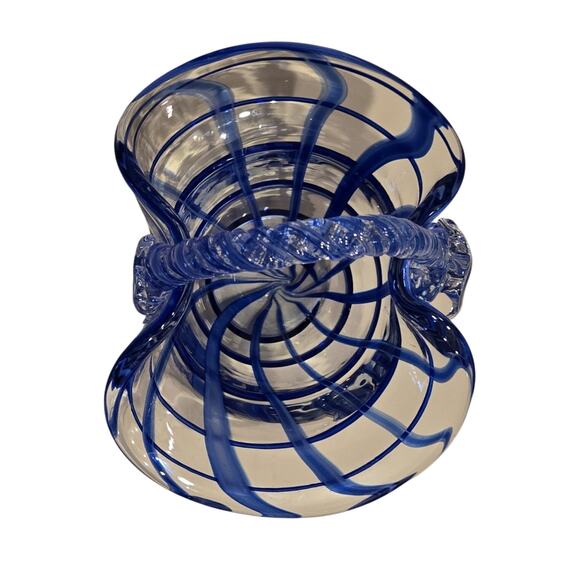 Vintage Hand-Blown Art Glass Basket Blue & Clear Swirl w/Twisted Handle - Picture 3 of 7